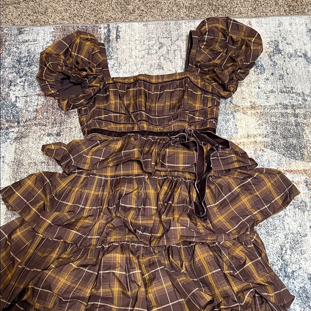 Antonio Melani Plaid Puff-Sleeve Tiered Dress in Brown & Mustard